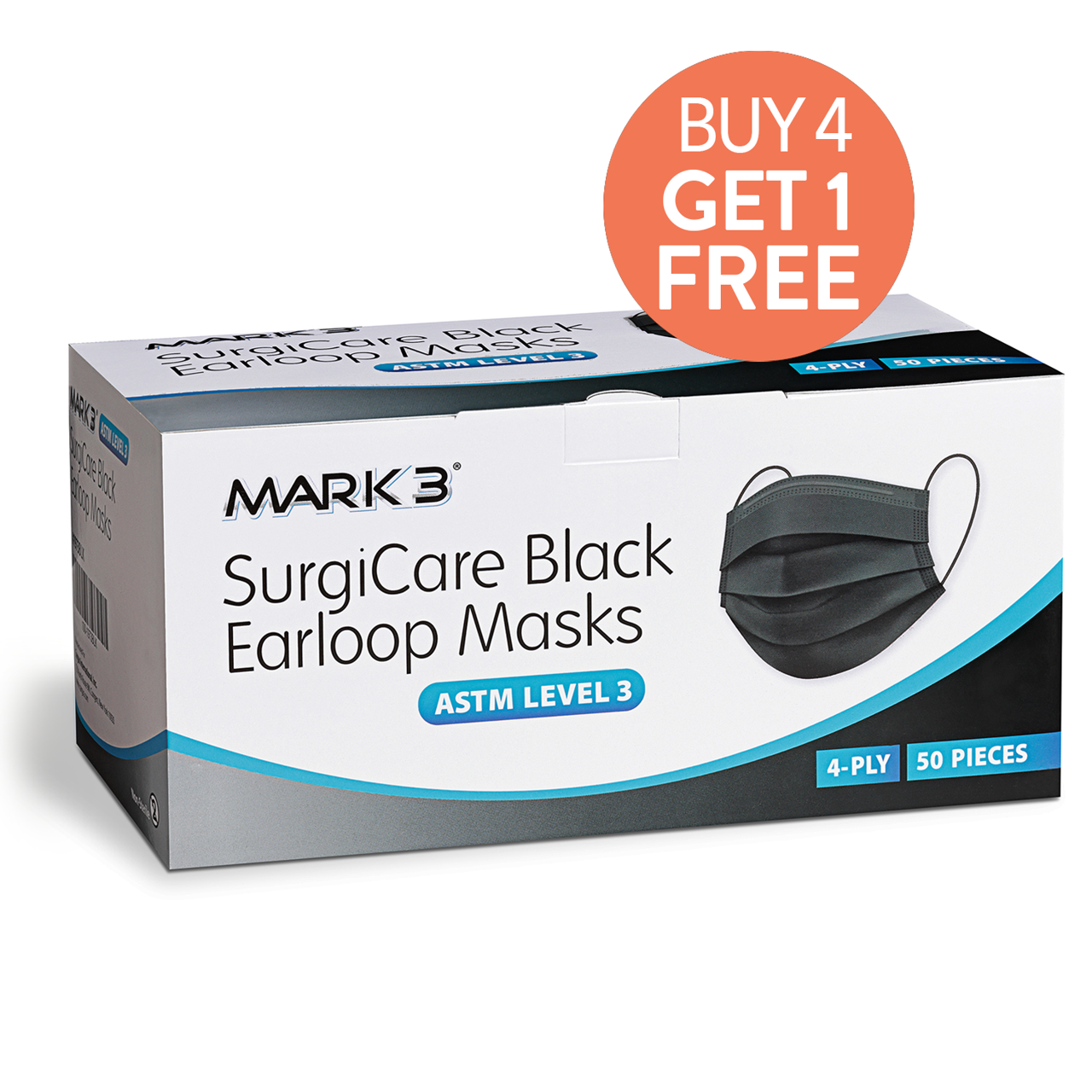 SurgiCare Earloop Face Masks ASTM Level 3 50/bx Black - MARK3