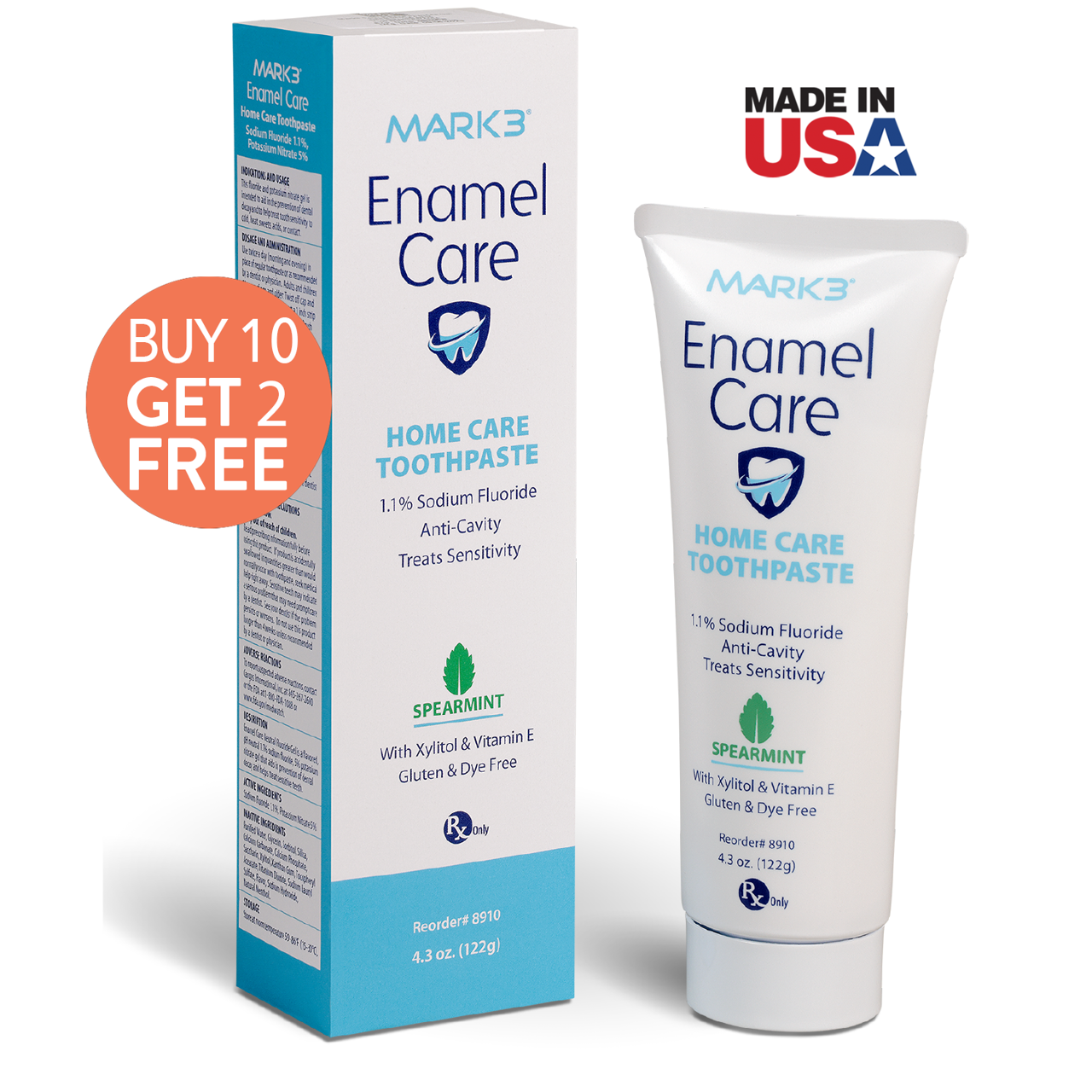 Enamel Care 1.1% Sodium Fluoride Home Care Anti-Cavity Toothpaste RX only 4.3oz. Spearmint – MARK3®