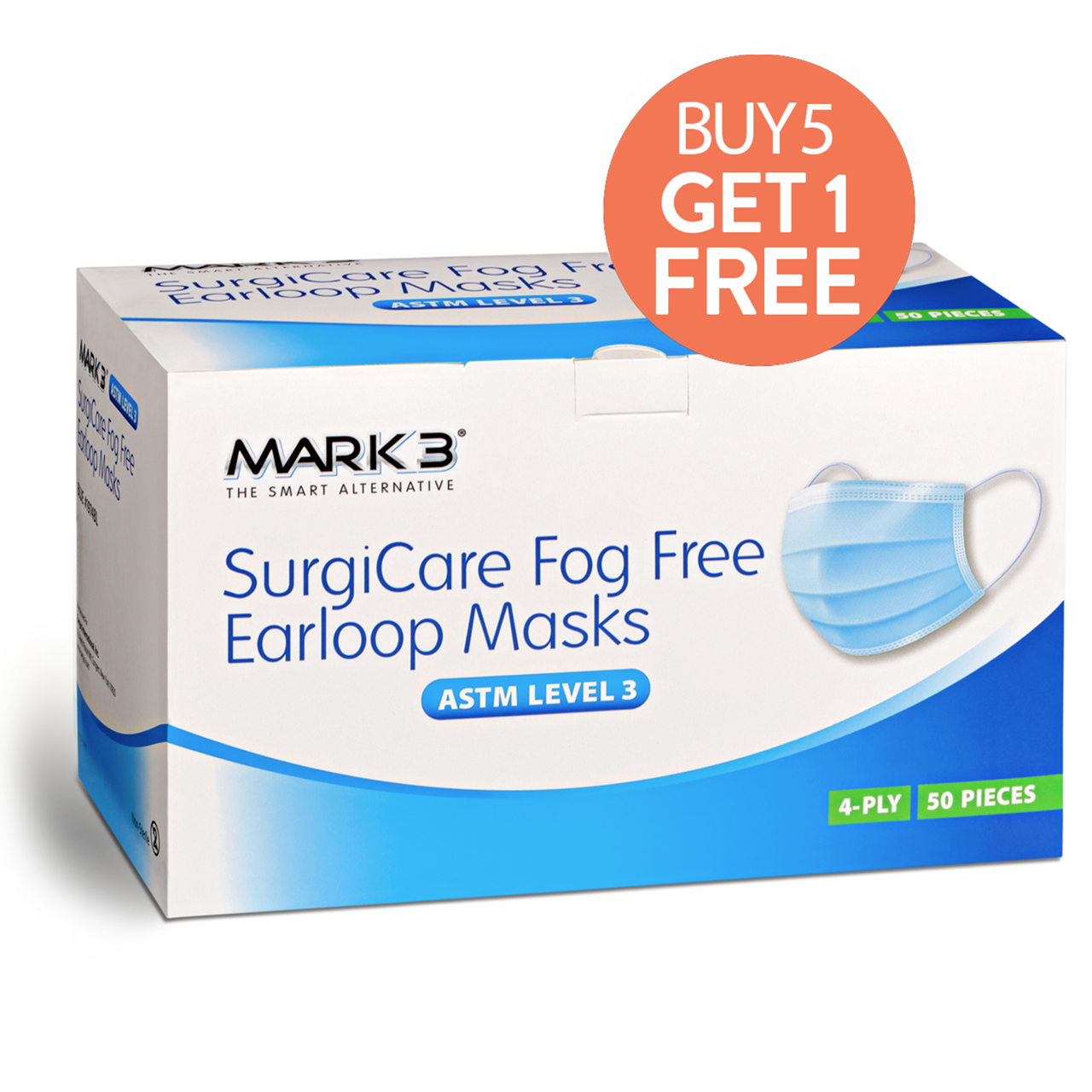 SurgiCare Fog Free Earloop Face Masks ASTM Level 3 50/bx Blue - MARK3