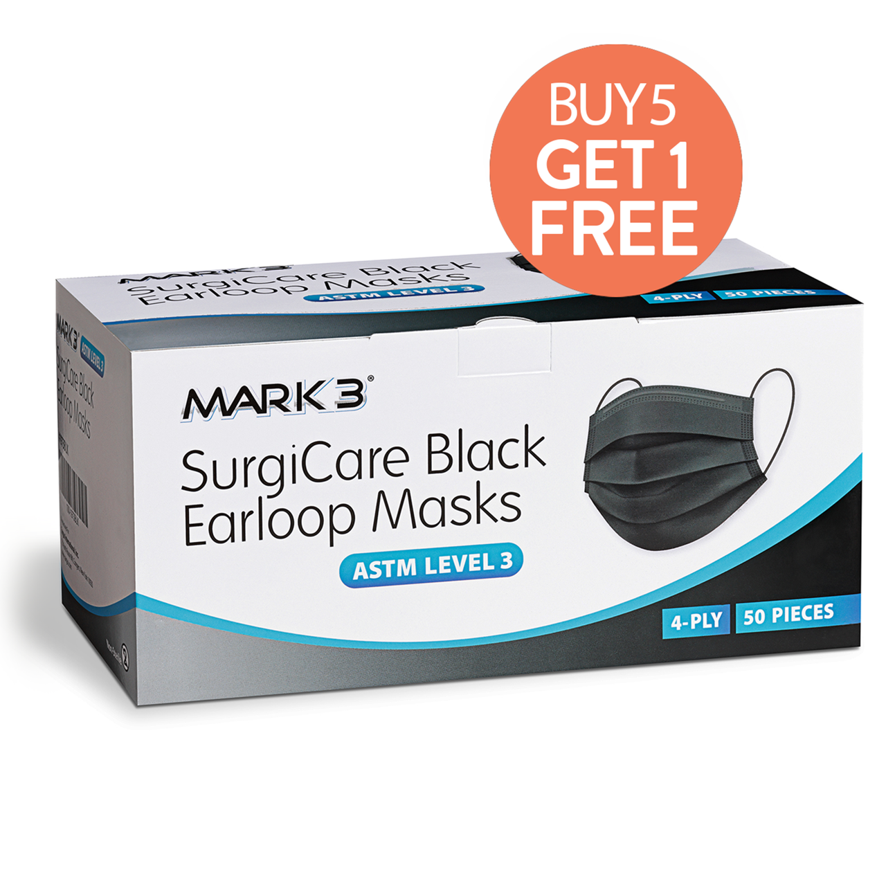 SurgiCare Earloop Face Masks ASTM Level 3 50/bx Black - MARK3