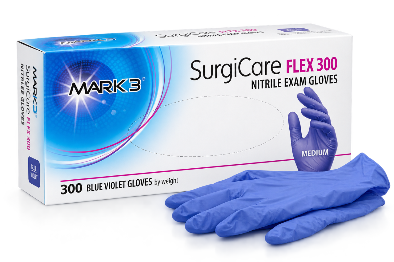 SurgiCare Flex 300 Blue Violet Nitrile Exam Gloves 300/bx - MARK3